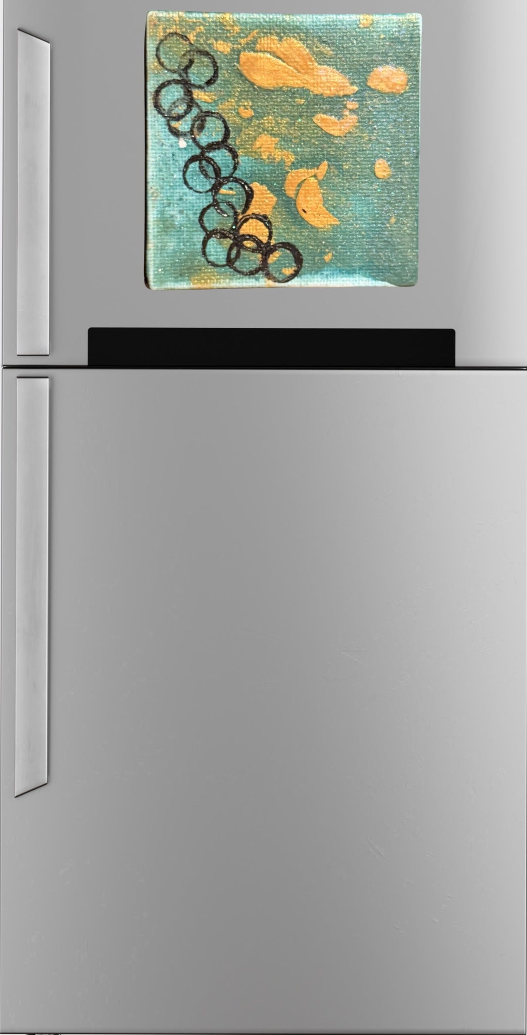Circled Marble art magnet with a teal and gold background and overlapping black circles